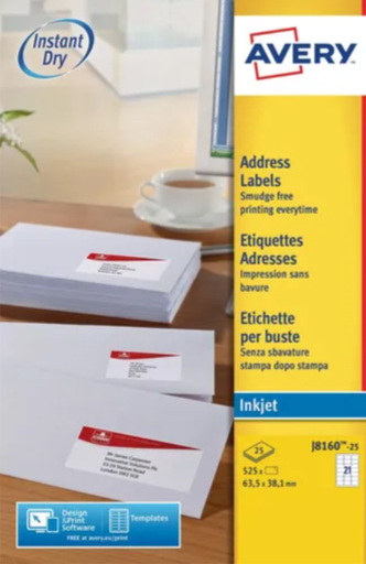 [AVE-J8160-25] Etiketten Avery Address 21 etik/bl 63,5x38,1mm voor inkjet wit (25)