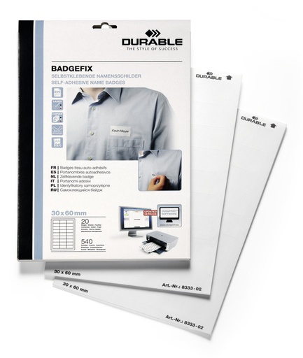 [DUR-833302] Etiketten Durable Badgefix 27 etik/bl 30x60mm zijdeacetaat wit (20)(D833302)