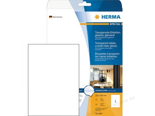 [HER-8020] Etiketten Herma 01 etik/bl transparant 21x29,7cm 25bl/doos