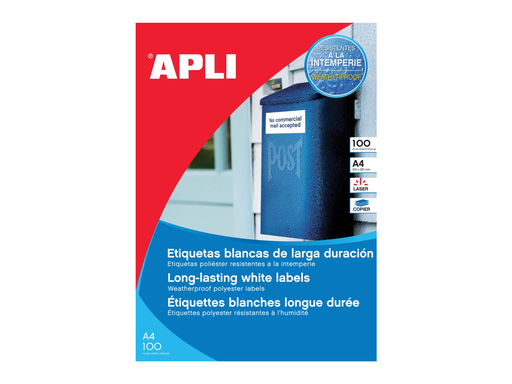 [TIM-12121] Etiketten Apli polyester waterbestendig 01 etik/bl 210x297mm wit (100)