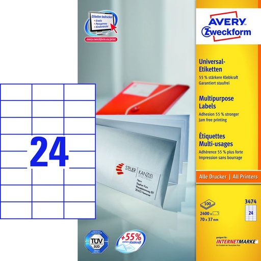 [TIM-3474] Etiketten Avery Universeel 24 etik/bl 70x37mm wit (100)