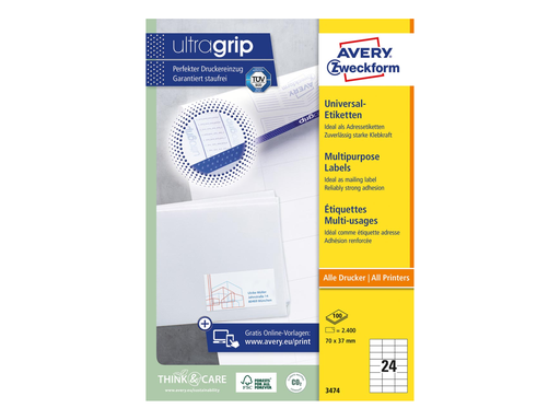 [TIM-3474] Etiketten Avery Universeel 24 etik/bl 70x37mm wit (100)