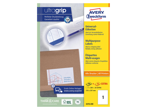 [TIM-3478200] Etiketten Avery Universeel 01 etik/bl 210x297mm wit (200)