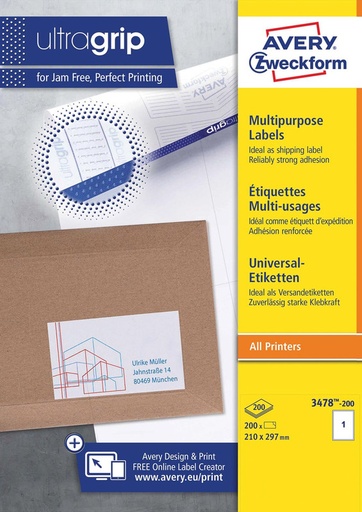 [TIM-3478200] Etiketten Avery Universeel 01 etik/bl 210x297mm wit (200)