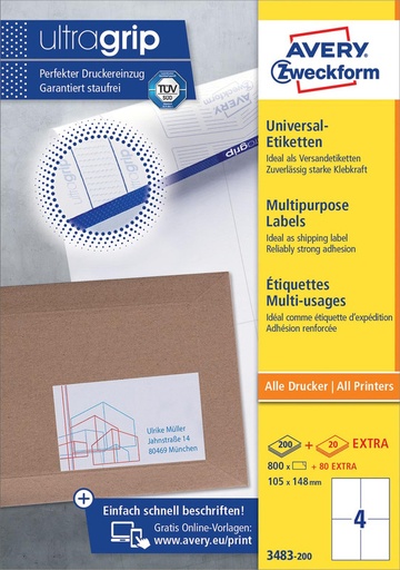 [TIM-3483200] Etiketten Avery Universeel 04 etik/bl 105x148mm wit (220)