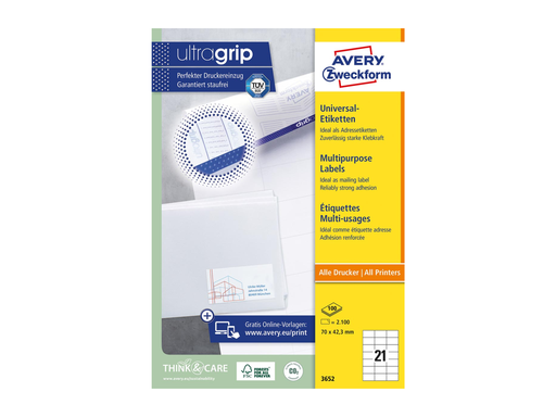 [TIM-36521A] Etiketten Avery Universeel 21 etik/bl 70x42,3mm wit (100)