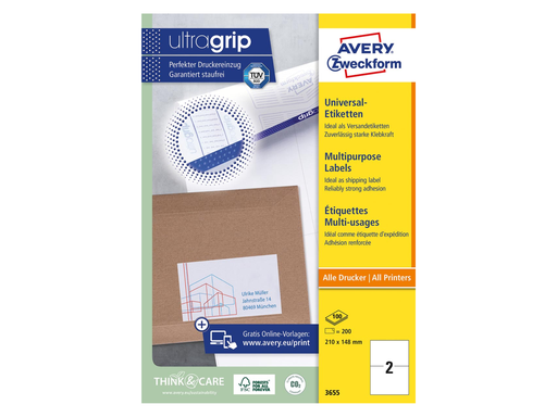 [TIM-3655A] Etiketten Avery Universeel 02 etik/bl 210x148mm wit (100)