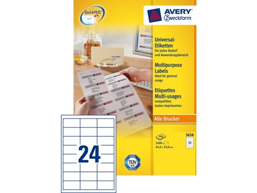 [AVE-3658] Etiketten Avery Universeel 24 etik/bl 64,6x33,8mm wit (100)