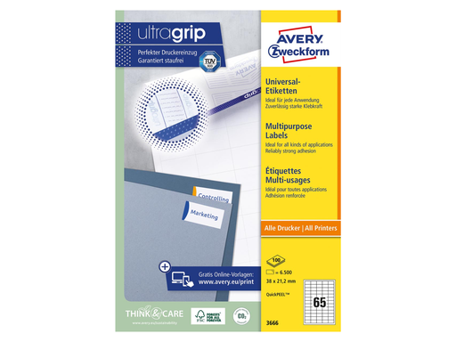 [TIM-3666] Etiketten Avery Universeel 65 etik/bl 38x21,2mm wit (100)