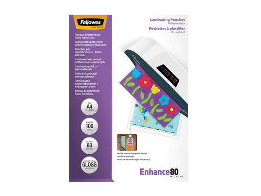 [TIM-5302202] Lamineerhoes Fellowes Enhance A4 2x80µ zelfklevende achterkant (100)