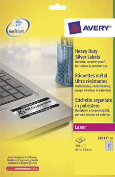[TIM-601120A] Etiketten Avery Heavy Duty 27 etik/bl 63,5x29,6mm zilver (20)