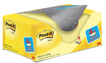 [TIM-653Y20] Memoblok Post-It 38x51mm geel voordeelpak 16+4 gratis
