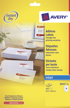[TIM-J816125] Etiketten Avery Address 18 etik/bl 63,5x46,6mm voor inkjet wit (25)
