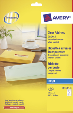 [TIM-J856025] Etiketten Avery Address 21 etik/bl 63,5x38,1mm voor inkjet transparant (25)