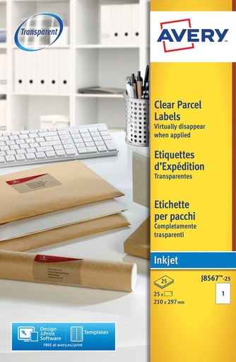 [TIM-J856725] Etiketten Avery Address 01 etik/bl 210x297mm voor inkjet transparant (25)