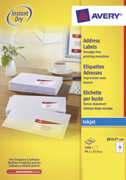 [TIM-JQ8162] Etiketten Avery Address 16 etik/bl 99,1x33,9mm voor inkjet wit (100)