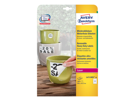 [TIM-L4715R] Etiketten Avery Removable Heavy Duty 08 etik/bl 99,1x67,7mm voor laser wit (20)