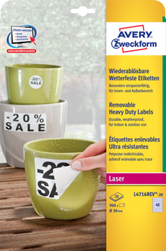 [TIM-L4716R] Etiketten Avery Removable Heavy Duty 48 etik/bl Ø30mm voor laser wit (20)