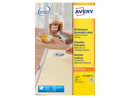 [TIM-L473225] Etiketten Avery Removable 80 etik/bl 35,6x16,9mm wit (25)