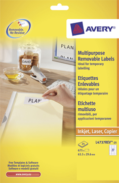 [TIM-L473725] Etiketten Avery Removable 27 etik/bl 63,5x29,6mm wit (25)