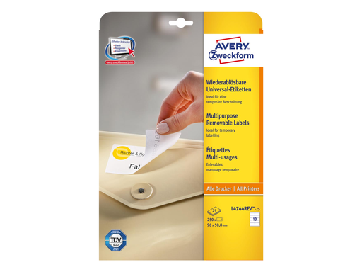 [TIM-L474425] Etiketten Avery Removable 10 etik/bl 96x50,8mm wit (25)