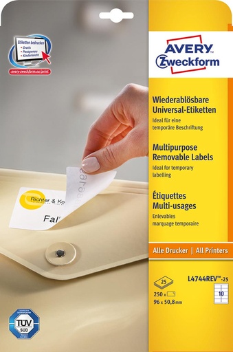 [TIM-L474425] Etiketten Avery Removable 10 etik/bl 96x50,8mm wit (25)