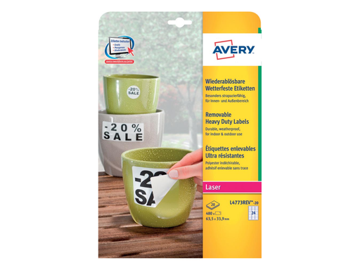 [TIM-L4773R] Etiketten Avery Removable Heavy Duty 24 etik/bl 63,5x33,9mm voor laser wit (20)