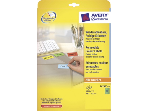 [TIM-L479220] Etiketten Avery Removable 65 etik/bl 38,1x21,2mm groen (20)