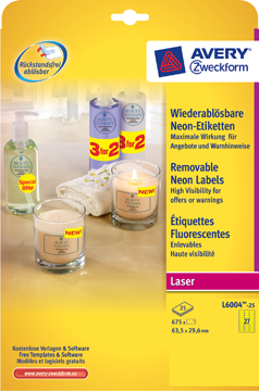 [TIM-L600425] Etiketten Avery Removable 27 etik/bl 63,5x29,6mm voor laser fluo geel (25)