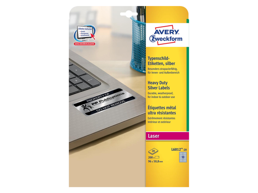 [TIM-L601220] Etiketten Avery Heavy Duty 10 etik/bl 96x50,8mm voor laser zilver (20)