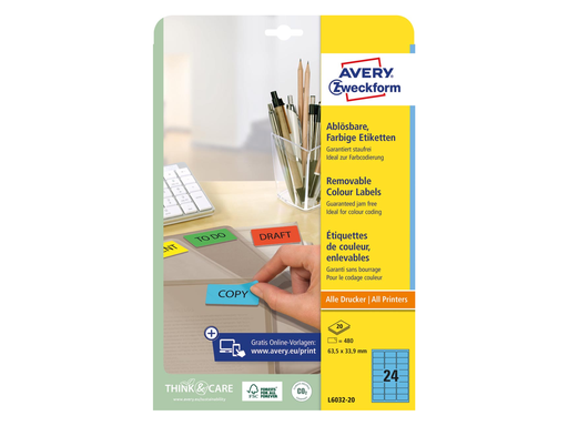 [TIM-L603220] Etiketten Avery Removable 24 etik/bl 63,5x33,9mm blauw (20)