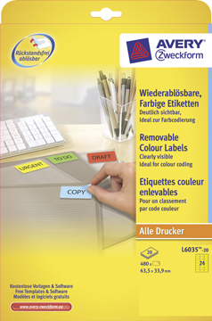 [TIM-L603520] Etiketten Avery Removable 24 etik/bl 63,5x33,9mm geel (20)