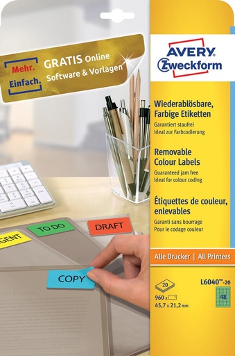 [AVE-L604020] Etiketten Avery Removable 48 etik/bl 45,7x21,2mm groen (20)