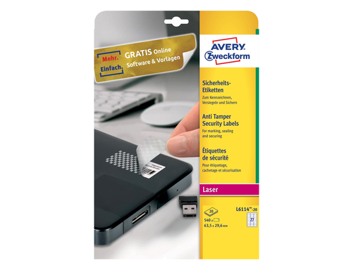 [TIM-L611420] Etiketten Avery Anti-Fraude 27 etik/bl 63,5x29,6mm voor laser wit (20)