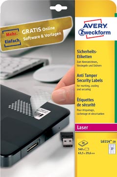 [TIM-L611420] Etiketten Avery Anti-Fraude 27 etik/bl 63,5x29,6mm voor laser wit (20)