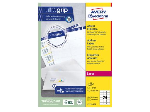 [TIM-L7159] Etiketten Avery Address 24 etik/bl 63,5x33,9mm voor laser wit (100)