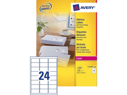 [TIM-L7159] Etiketten Avery Address 24 etik/bl 63,5x33,9mm voor laser wit (100)