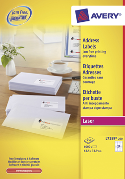 [TIM-L7159-T] Etiketten Avery Address 24 etik/bl 63,5x33,9mm voor laser wit (250)