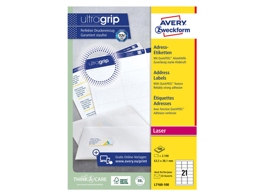 [TIM-L7160] Etiketten Avery Address 21 etik/bl 63,5x38,1mm voor laser wit (100)