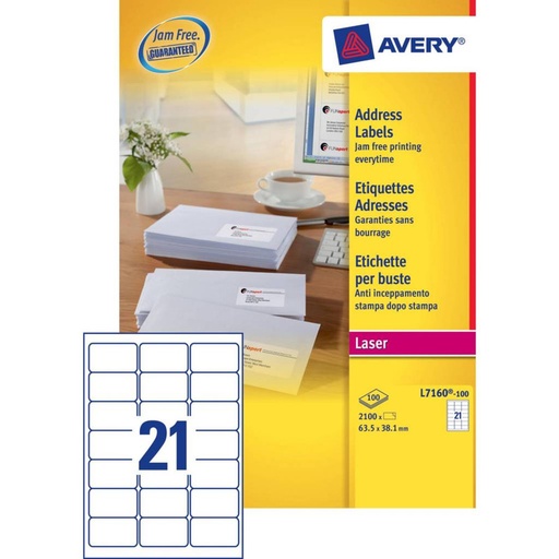 [TIM-L7160] Etiketten Avery Address 21 etik/bl 63,5x38,1mm voor laser wit (100)