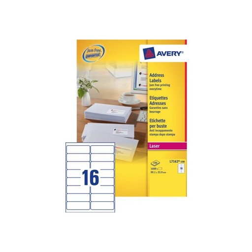 [TIM-L7162] Etiketten Avery Address 16 etik/bl 99,1x33,9mm voor laser wit (100)