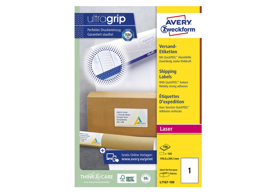 [TIM-L7167] Etiketten Avery Shipping 01 etik/bl 199,6x289,1mm voor laser wit (100)