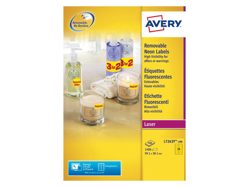 [TIM-L7263Y] Etiketten Avery Removable 14 etik/bl 99,1x38,1mm voor laser geel (100)