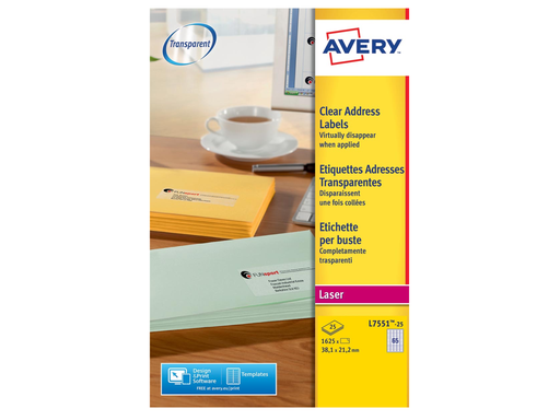 [TIM-L755125] Etiketten Avery Address 65 etik/bl 38,1x21,2mm voor laser transparant (25)