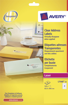 [AVE-L756025] Etiketten Avery Address 21 etik/bl 63,5x38,1mm voor laser transparant (25)