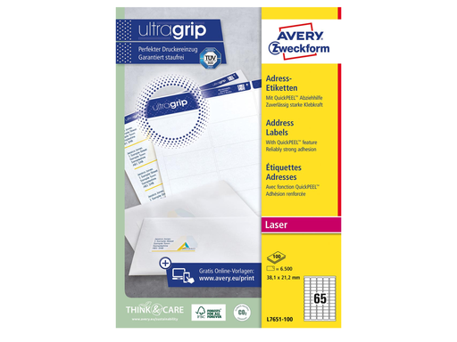 [TIM-L7651] Etiketten Avery Address 65 etik/bl 38,1x21,2mm voor laser wit (100)