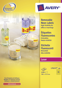 [TIM-L7651Y] Etiketten Avery Removable 65 etik/bl 38,1x21,2mm voor laser fluo geel (100)