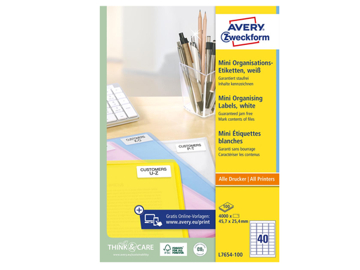 [TIM-L7654] Etiketten Avery Organising 40 etik/bl 45,7x25,4mm wit (100)