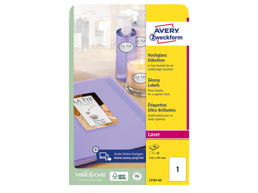 [TIM-L776740] Etiketten Avery Glossy 01 etik/bl 210x297mm voor laser wit (40)