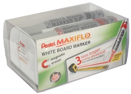 [TIM-MWL5M4N] Whiteboardmarker Pentel Maxiflo ronde punt 6mm met magnetische bordewisser assorti (4)